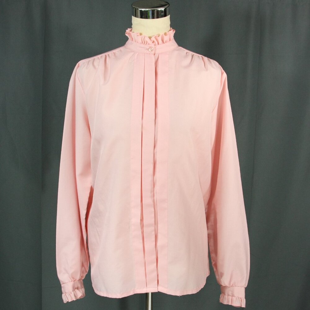 Vintage Lucky Winner High Neck Pleated Front Blouse w Ruffles Pink M 12 1970s